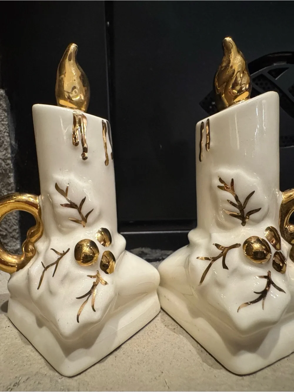 Vintage 1950‘s Christmas Candle Salt & Pepper Shakers Gold & White Ceramic